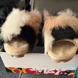 UGG Black and Cream Fuzzy Slippers